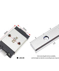 LWL5B linear guide block with 50mm rail; silver metal body with black end caps and mounting holes