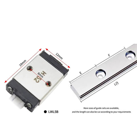 LWL5B linear guide block with 50mm rail; silver metal body with black end caps and mounting holes