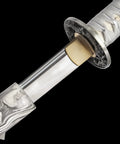 Close-up of Hand Forged Katana Sword With T10 High Carbon Steel Clay Tempered Full Tang 41 Inch Overall Length, detail of guard and grip