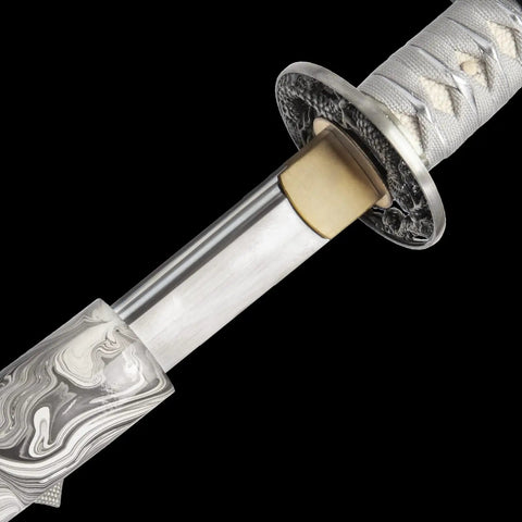 Close-up of Hand Forged Katana Sword With T10 High Carbon Steel Clay Tempered Full Tang 41 Inch Overall Length, detail of guard and grip