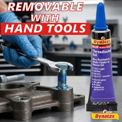 Person using hand tools on metal fastener with Blue Gel Threadlocker Medium Strength For Metal Fasteners, Solvent Resistant, 0.20 Oz Bottle.