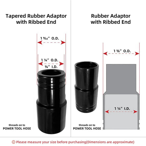 Tapered rubber adapter for 12 Foot Dust Collection Hose Kit For Woodworking Tools With Flexible Hoses, showing dimensions.