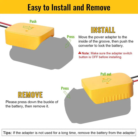 Diagram showing installation and removal of Power Wheel Adapter For 20V Battery Converter Kit With Switch and Fuse