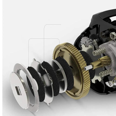 Internal mechanism of Drop Wheel Offshore Fishing Reel With Magnetic Brake, showcasing gears and brake system for medium to large lures.