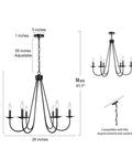 Black Six Light Farmhouse Chandelier With Candle Style Bulbs For Dining Room Bedroom And Living Room 28 Inch Wide And 24 And A Half Inch High Open Frame Iron Arms For A Dope Modern Rustic Look with dimensions and installation view.