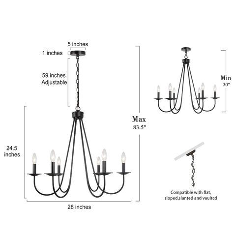 Black Six Light Farmhouse Chandelier With Candle Style Bulbs For Dining Room Bedroom And Living Room 28 Inch Wide And 24 And A Half Inch High Open Frame Iron Arms For A Dope Modern Rustic Look with dimensions and installation view.