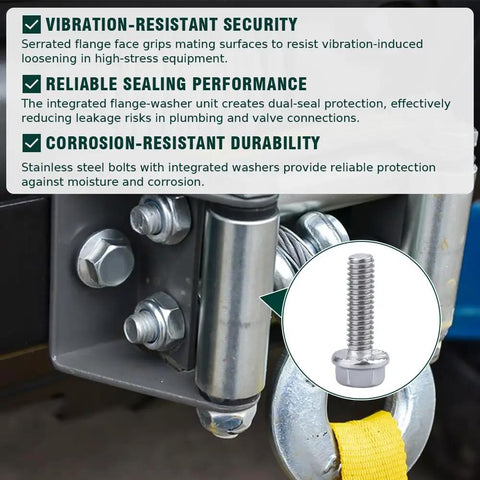 Heavy Duty Badass M10 Hex Flange Bolts Featuring Serrated Locking Flanges And Rust Resistant 304 Stainless Steel Construction for secure assembly.