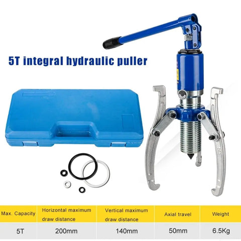Heavy Duty 5 Ton Hydraulic Gear Puller Built For The Daily Grind Features Tough As Nails two alloy steel jaws and blue case.