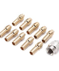 Get Ready For High Power With These 3 Sets Of Mini Drill Brass Collet Chucks Perfect For Your Rotary Tools Offering Secure Grip For Bits From.5mm To 3.2mm And Built Lasting Durability No More Slipping Or Worn Out Gear For Any Serious DIY Pro Projects, showing multiple brass collet chucks and a silver connector.