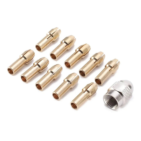 Get Ready For High Power With These 3 Sets Of Mini Drill Brass Collet Chucks Perfect For Your Rotary Tools Offering Secure Grip For Bits From.5mm To 3.2mm And Built Lasting Durability No More Slipping Or Worn Out Gear For Any Serious DIY Pro Projects, showing multiple brass collet chucks and a silver connector.