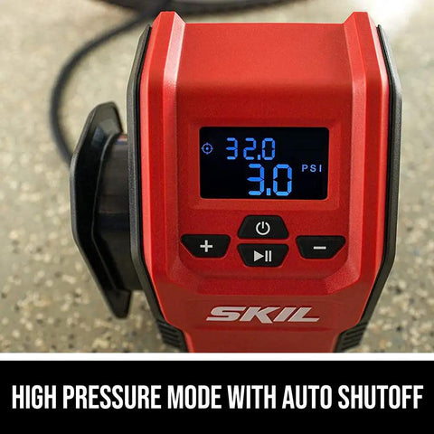 12V Digital Tire Inflator With Real Time Psi Gauge And Auto Shutoff showing digital display at 32 PSI and controls.