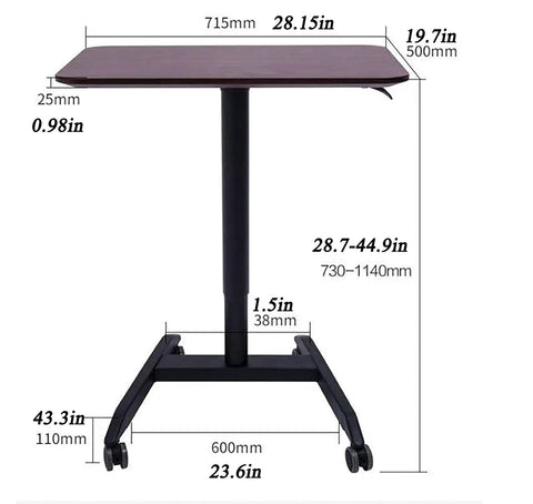 Smooth Rolling Mobile Laptop Cart With Height Adjustable Desk On Wheels For Home Office And Living Room Use, showing dimensions and sturdy build.