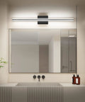 32 Inch Black LED Vanity Light Bar For Bathroom Mirror, 20W Dimmable Over Mirror Fixture, Easy 15 Minute Install shown illuminated