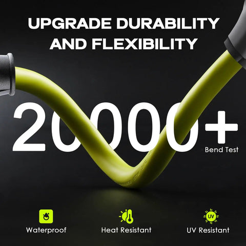 Heavy duty 50 Amp EV Charger Adapter Cord showing flexibility, tested for 20000+ bends, waterproof and heat resistant features.