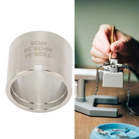 Watch Movement Holder And Base Tool For SKX007 NH35 7S26 7S36 4R Movements, showing stainless steel clamp and watch adjustment.