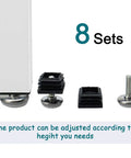 Squash That Floor Wobble Fast With Premium Adjustable Leveling Feet Sized For Square Tubing Furniture Glides Table Desk Leg Hardware Base Pads Eight Full Sets showing components and adjustable features.