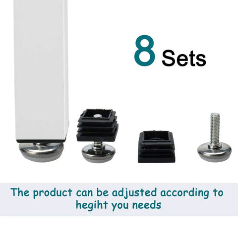 Squash That Floor Wobble Fast With Premium Adjustable Leveling Feet Sized For Square Tubing Furniture Glides Table Desk Leg Hardware Base Pads Eight Full Sets showing components and adjustable features.