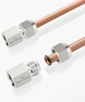 2-Pack 304 Stainless Steel Tube Flare Fittings Adapter 3/8 Inch Male Flare to 3/8 Inch NPT Female Half Union with Protective Case Go-To Choice for Industrial Piping and Equipment Connections, 304 stainless flare-to-NPT fittings on copper tubing