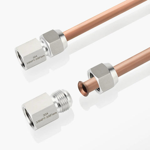 2-Pack 304 Stainless Steel Tube Flare Fittings Adapter 3/8 Inch Male Flare to 3/8 Inch NPT Female Half Union with Protective Case Go-To Choice for Industrial Piping and Equipment Connections, 304 stainless flare-to-NPT fittings on copper tubing