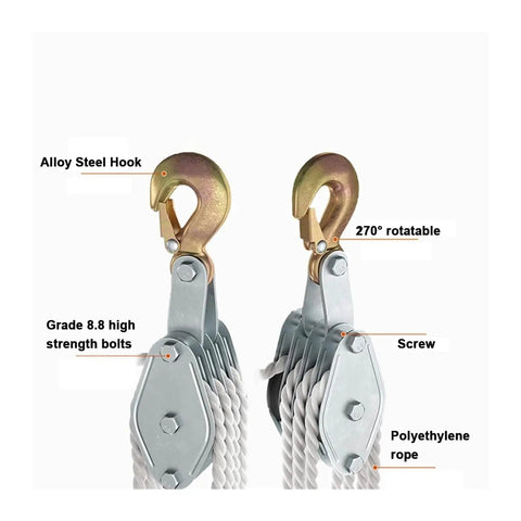 Heavy Duty 270 Degree Rotatable Zinc Alloy Handheld Rope Pulley Block Hoist with Alloy Steel Hook and Polyethylene Rope.