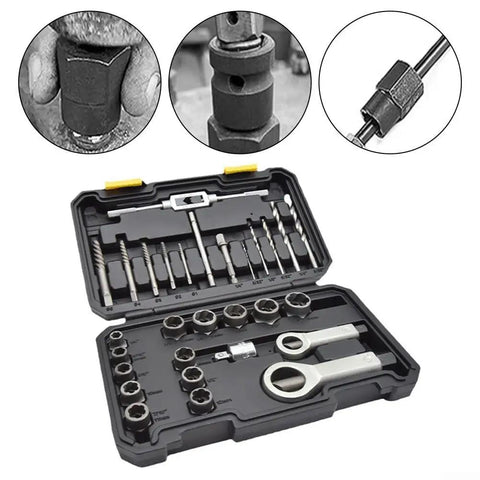 29-Piece Broken Bolt Extractor Kit With Stripped Nut Remover And Drill Bits in open case, three detailed usage views