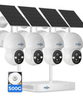 Wire-Free Solar Powered Outdoor Security Camera System, 4MP 4 Cam Kit, featuring four cameras and solar panels, 500G HDD displayed