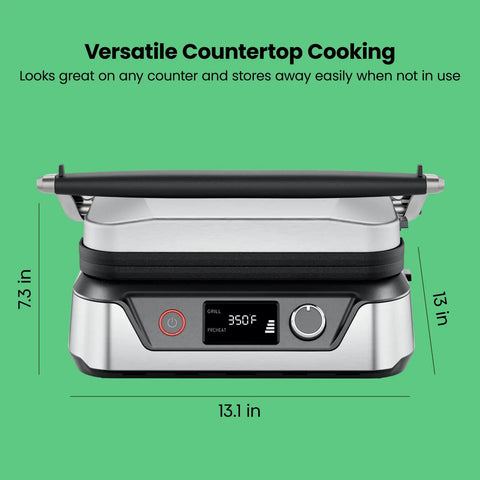 Chefman 5-in-1 Digital Panini Press Grill And Sandwich Maker in stainless steel, 13.1 x 7.3 x 13 inches, with adjustable LCD display.