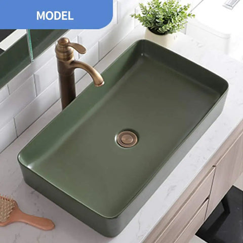Top Shelf Matte Black Square Pedestal Bathroom Sink Deep Ceramic Washbasin No Fuss Finish Easy Clean Above Counter Vanity Base for Contemporary Homes And Daily Tasks in green color, above counter view.