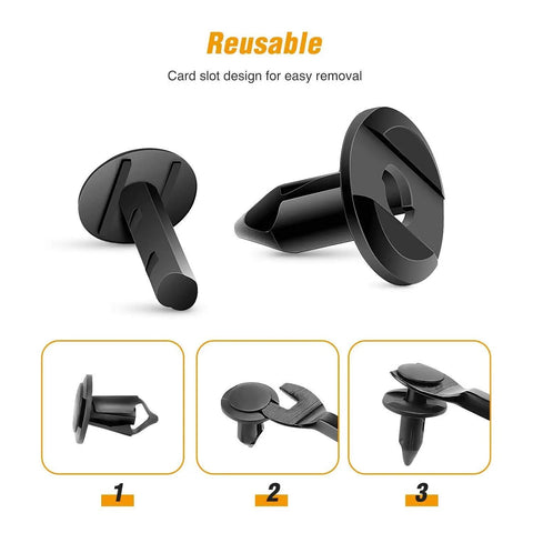 Hella Tough Nylon Bumper Fastener Rivet Clips One Hundred Piece Assortment Kit Eight Mm showing reusable design for easy removal.