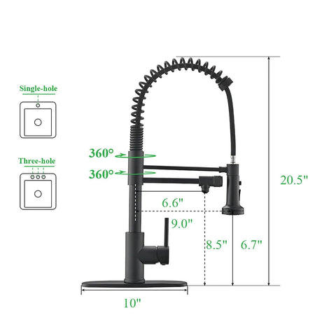 Drinking Water Faucet With Pull Down Kitchen Filtration Spout For Independent RO System Connection, dimensions detail view