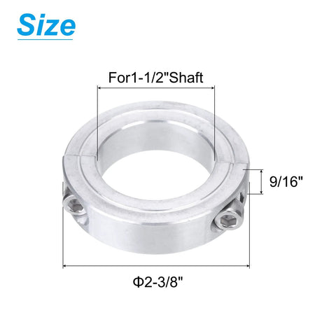 Front view of aluminum two-piece split clamp-on shaft collar for 1-1/2 in shaft, 2-3/8 in OD, 9/16 in thick.