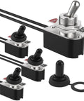 4 Pack Beefy Heavy Duty SPST Toggle Switch Kit with 5.1 Inch Cable, shown with metal body and waterproof boot caps