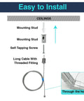 Installation diagram of 30 Pack Hexagon Garage Light Suspension Cables Kit 1m Stainless Steel Wire Rope With Auto Lock featuring mounting stud and cable