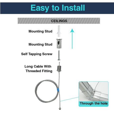 Installation diagram of 30 Pack Hexagon Garage Light Suspension Cables Kit 1m Stainless Steel Wire Rope With Auto Lock featuring mounting stud and cable