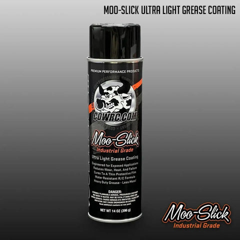 Moo Slick Industrial Grade Ultra Light RC Grease Coating For Bearings, Gears, And Linkages, Water Resistant PTFE Formula Slashes Wear, Heat, And Friction, Keeps Your RC Parts Moving Smooth, 14 Oz. aerosol can label