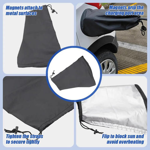 All Weather Magnetic EV Charger Port Cover Chrysler Pacifica Hybrid with adjustable strap, fitting over charging port to shield from elements.