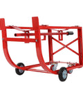 Heavy Duty 55 Gallon Drum Cradle With 600 Lb Capacity And Sturdy Steel Build, red frame with wheels for moving barrels.