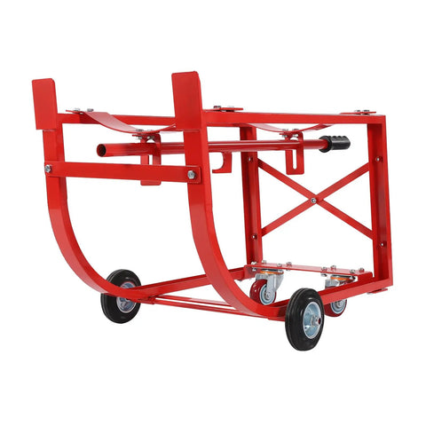 Heavy Duty 55 Gallon Drum Cradle With 600 Lb Capacity And Sturdy Steel Build, red frame with wheels for moving barrels.