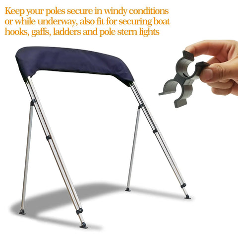 Hand holding 2 Pack Anti Rattle Bimini Top Pole Clips Holder For Boat Keeps Poles Snug And Quiet next to bimini top frame