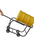 Heavy Duty Steel Drum Cradle Cart With Smooth Rolling Casters And Retractable Dump Bar For 600 Lb 55 Gallon Drums in use with yellow barrel.
