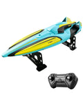 Ultra Fast 2.4G RC Boat With Dual Motors And Propellers, 30 KMH Racing Power, blue and yellow hull, remote control included