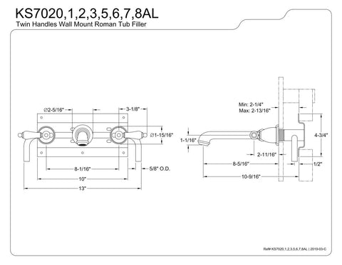 Technical drawing of Old World Charm English Country Style Wall Mount Roman Tub Faucet With Solid Brass Construction.