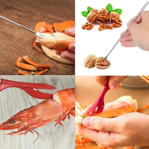 Complete 21 Piece Seafood Tools Set With Six Crab Crackers, Six Lobster Shellers, close-up tools in use, extraction focus