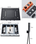 Top Shelf Led Shower System With Sixty Four Color Lighting Remote Digital Temperature Display Three Function Matte Black Rain Showerhead with components and dimensions.