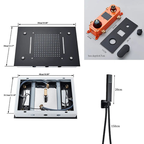 Top Shelf Led Shower System With Sixty Four Color Lighting Remote Digital Temperature Display Three Function Matte Black Rain Showerhead with components and dimensions.