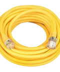 Beefy Heavy Duty 50 Foot Extension Cord 10 Gauge 3 Conductor Outdoor Power Cable With Lighted End In Bright Yellow coiled