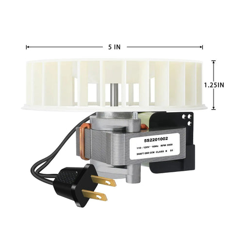 Upgraded Bathroom Exhaust Fan Motor And Blade Kit For Quiet 80 CFM High Airflow Replacement, shown with dimensions, plug, and label.