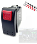 Front view of Carling-style safety lock rocker switch with red actuator on black housing, 12V 20A, includes jumper wires.