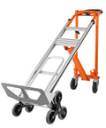 Beefy 4 In 1 Stair Climbing Hand Truck 1000 Lb Capacity Aluminum Foldable Dolly Utility Cart Heavy Duty Convertible With Upright Stair Climber 45 Degree Tilt Platform Cart And U Shaped Extension Solid Rubber Tri Wheels, orange and silver