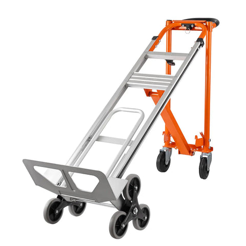 Beefy 4 In 1 Stair Climbing Hand Truck 1000 Lb Capacity Aluminum Foldable Dolly Utility Cart Heavy Duty Convertible With Upright Stair Climber 45 Degree Tilt Platform Cart And U Shaped Extension Solid Rubber Tri Wheels, orange and silver
